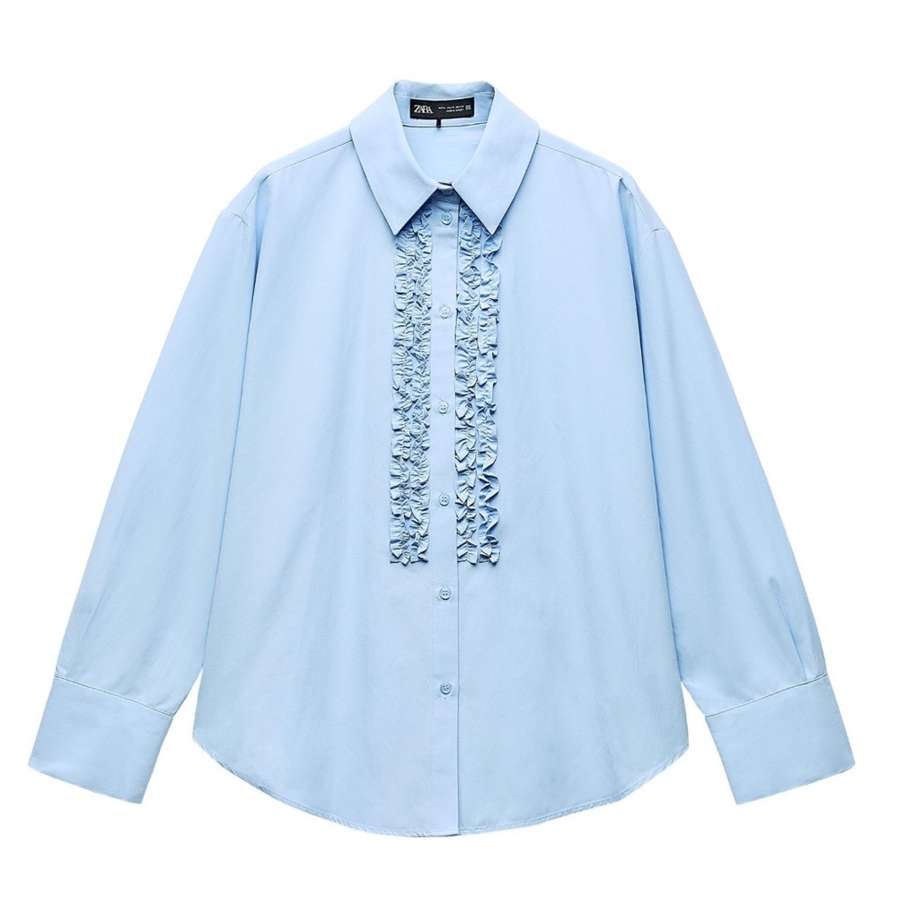 Zara Light Blue Ruffle-Front Button-Up Blouse - Picture 5 of 6
